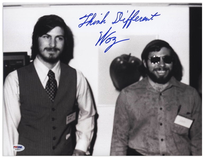 Steve Wozniak Signed 14'' x 11'' Photo of Him With Steve Jobs, Writing ''Think Different'' -- With PSA/DNA COA